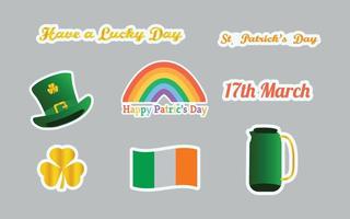 Happy St. Patrick's Day. Patrik's day design elements, patrik's day stickers design vector, rainbow, flag, text, hat, tea pot vector