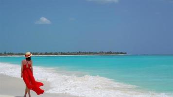 giovane bellissimo donna su tropicale spiaggia. indietro Visualizza di giovane ragazza nel bellissimo vestito sfondo il mare video