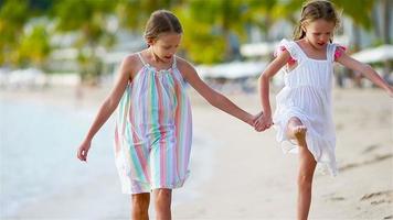 twee weinig gelukkig meisjes hebben een veel van pret Bij tropisch strand spelen samen video
