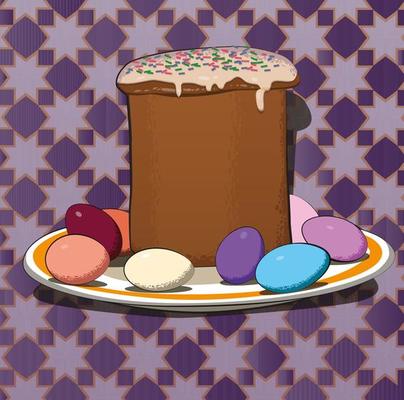 Easter, paska with painted eggs, Easter still life. Vector.