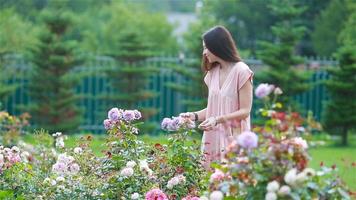 jovem em um jardim florido entre lindas rosas. cheiro de rosas video