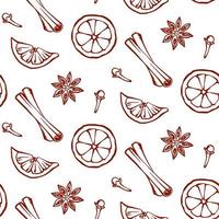 Hand drawn seamless pattern with cinnamon, carnation, anise and orange slices. Mulled wine or bakery spices and ingredients. Vector kitchen background for menu design, textile, fabric, wrapping paper