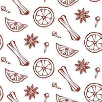 Hand drawn seamless pattern with cinnamon, carnation, anise and orange slices. Mulled wine or bakery spices and ingredients. Vector kitchen background for menu design, textile, fabric, wrapping paper