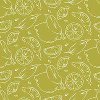 Lemon seamless pattern with light linear drawing elements on green background. Summer fresh fruit vector graphic design for menu, package, kitchen textile, wallpapers.