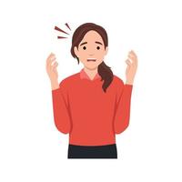 Frustrated woman talks about problem. Female character can not find solution and asks for help. Stress due to burning deadlines. Cartoon modern flat vector illustration isolated on white background