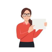 Young smiling businesswoman showing folder with white mockup paper. Happy woman employee demonstrate paperwork completed task at workplace. Flat vector illustration isolated on white background