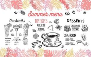 menú de verano, diseño de plantilla. folleto de comida. estilo dibujado a mano. ilustración vectorial vector