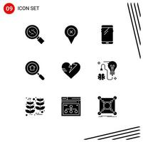 Mobile Interface Solid Glyph Set of 9 Pictograms of care healthcare smart phone search house Editable Vector Design Elements