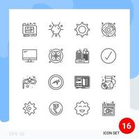 User Interface Pack of 16 Basic Outlines of device computer basic food pizza Editable Vector Design Elements