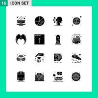 Pack of 16 creative Solid Glyphs of moustache map search world concentration Editable Vector Design Elements