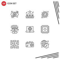 Editable Vector Line Pack of 9 Simple Outlines of world mobile management discount shopping Editable Vector Design Elements