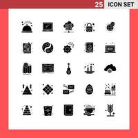 Solid Glyph Pack of 25 Universal Symbols of global globe laptop security encryption Editable Vector Design Elements