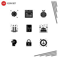Pack of 9 Modern Solid Glyphs Signs and Symbols for Web Print Media such as notepad education earth night party candle Editable Vector Design Elements