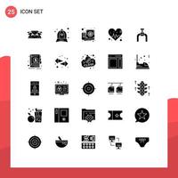 User Interface Pack of 25 Basic Solid Glyphs of pipe beat fashion heart video Editable Vector Design Elements