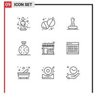 Pack of 9 Modern Outlines Signs and Symbols for Web Print Media such as timer stopwatch stamp seal mark Editable Vector Design Elements