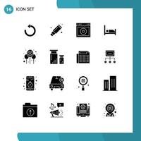 Pack of 16 Modern Solid Glyphs Signs and Symbols for Web Print Media such as celebrate patient stop bed website Editable Vector Design Elements