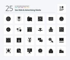 Seo Web And Advertising Media 25 Solid Glyph icon pack including data. website. ok. directions vector