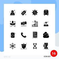 Pack of 16 Modern Solid Glyphs Signs and Symbols for Web Print Media such as transport deliver development bus productivity Editable Vector Design Elements