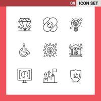 9 Universal Outlines Set for Web and Mobile Applications gear walk business movement weelchair Editable Vector Design Elements