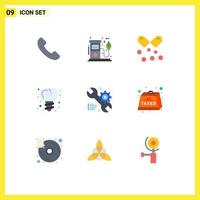 Pack of 9 Modern Flat Colors Signs and Symbols for Web Print Media such as setting tooth oil screw omega pills Editable Vector Design Elements