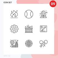 Editable Vector Line Pack of 9 Simple Outlines of drum gear cashier setting world Editable Vector Design Elements
