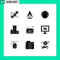 Modern Set of 9 Solid Glyphs and symbols such as residences family crypto currency estate game Editable Vector Design Elements