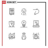 Modern Set of 9 Outlines Pictograph of shield internet security lotus flower internet crypto Editable Vector Design Elements