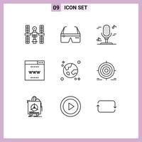 contorno paquete de 9 9 universal símbolos de navegador seo lentes en línea música editable vector diseño elementos