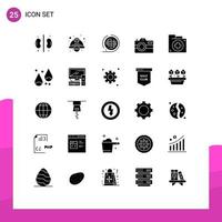 25 Thematic Vector Solid Glyphs and Editable Symbols of technology capture worker hat camera shaping Editable Vector Design Elements