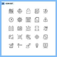 User Interface Pack of 25 Basic Lines of page file labour document security Editable Vector Design Elements