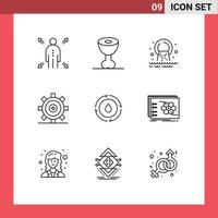 Mobile Interface Outline Set of 9 Pictograms of water programing radioactive gear design Editable Vector Design Elements