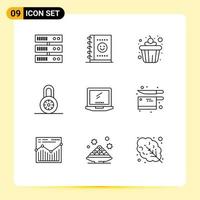 Pack of 9 Modern Outlines Signs and Symbols for Web Print Media such as cooking imac food device computer Editable Vector Design Elements