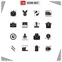 Universal Icon Symbols Group of 16 Modern Solid Glyphs of antique camera transport medal train recycling Editable Vector Design Elements