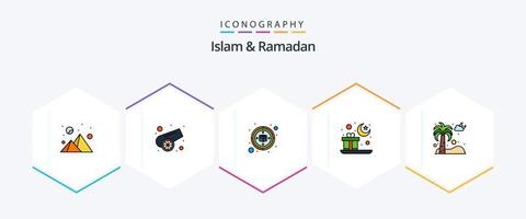 islam y Ramadán 25 línea de relleno icono paquete incluso pino árbol. abeto árbol. Kaaba. fechas. Mubarak vector