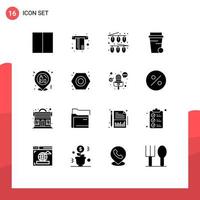 Pack of 16 creative Solid Glyphs of mechanical party decorations night cleaning Editable Vector Design Elements