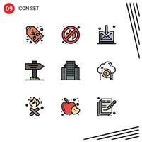 Pack of 9 Modern Filledline Flat Colors Signs and Symbols for Web Print Media such as cloud building inbox apartment pointer Editable Vector Design Elements