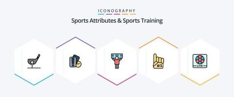 Sports Atributes And Sports Training 25 FilledLine icon pack including live. foam. referee. finger. supporter vector