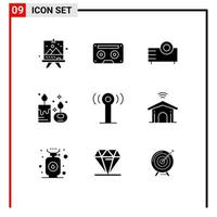 Mobile Interface Solid Glyph Set of 9 Pictograms of candle aroma candle tape aroma projector Editable Vector Design Elements