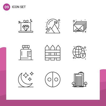 9 Universal Outlines Set for Web and Mobile Applications barricade form email fitness bottle Editable Vector Design Elements