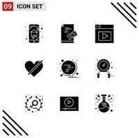 Group of 9 Solid Glyphs Signs and Symbols for like heart pad access video Editable Vector Design Elements