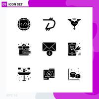 Editable Vector Line Pack of 9 Simple Solid Glyphs of send mail crypto currency present free Editable Vector Design Elements