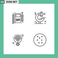 Mobile Interface Line Set of 4 Pictograms of diary plan notebook microscope idea Editable Vector Design Elements