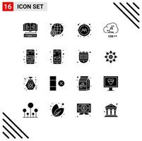 Set of 16 Vector Solid Glyphs on Grid for development coding world code user Editable Vector Design Elements