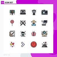 Pack of 16 Modern Flat Color Filled Lines Signs and Symbols for Web Print Media such as maps technology mechanical photography camera Editable Creative Vector Design Elements