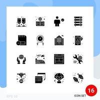 16 Thematic Vector Solid Glyphs and Editable Symbols of card storage body server data Editable Vector Design Elements