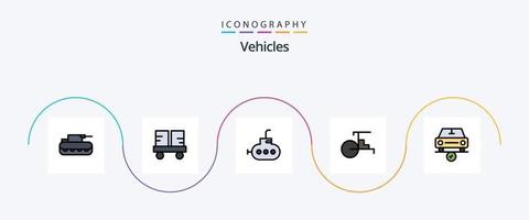 Vehicles Line Filled Flat 5 Icon Pack Including complete. car. lift truck. vehicles. rickshaw vector
