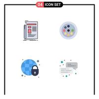 Mobile Interface Flat Icon Set of 4 Pictograms of gazette global security newsletter mechanical globe lock Editable Vector Design Elements