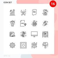 Modern Set of 16 Outlines Pictograph of system plumber conversation mechanical smart phone Editable Vector Design Elements