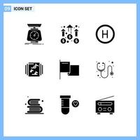 Pack of 9 Modern Solid Glyphs Signs and Symbols for Web Print Media such as flag music marketing library board Editable Vector Design Elements
