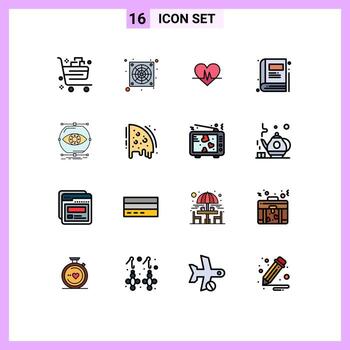 16 Universal Flat Color Filled Lines Set for Web and Mobile Applications monitoring visualize ecg education book Editable Creative Vector Design Elements